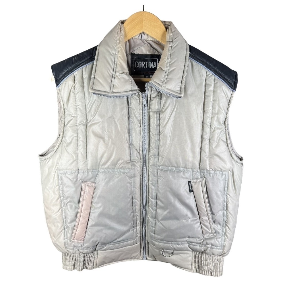 Cortina Puffer Vest Mens Size M Silver Quilted Full Zip Vintage Korea